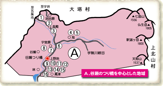 谷瀬のつり橋を中心とした地域